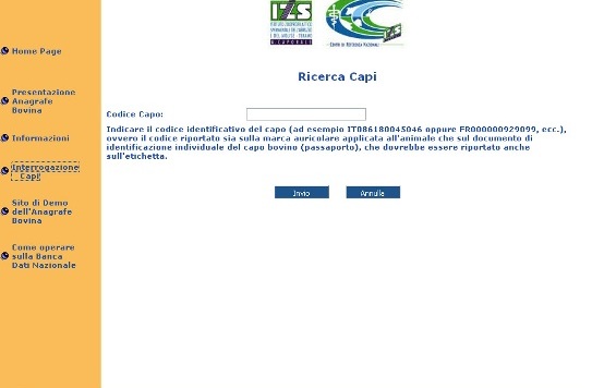 ricerca dati capo bovino su banca dati anagrafe zootecnica nazionale